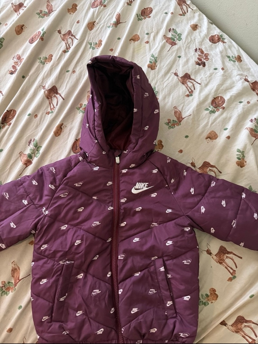 Nike Kids Purple Hooded Puffer Jacket with Logo Print